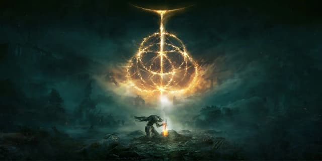 Dark atmospheric fantasy game art with golden glowing runes and a solitary knight in heavy armor